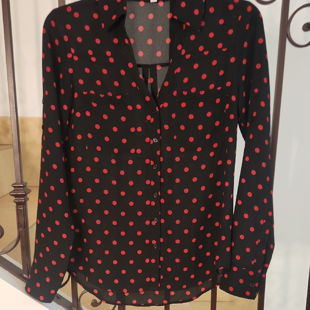 Express Black Button Down Shirt with Red Polka Dots